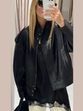 MQTIME  -  Women's Leather Jackets Standing Collar Windproof Loose Fold Coats Locomotive Style Outdoors Clothes Woman Demi-Season Jacket
