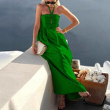 MQTIME  -  New Spring Summer Solid Pleated Dresses Women Sexy Hollow Halter Knot Long Party Dress Lady Sleeveless Backless Sling Maxi Dress