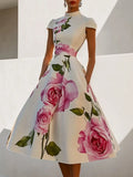 MQTIME  -  New Woman Flower Print Midi Dresses Summer Skinny Stand Collar Elegant Vintage Romantic Evening Dress for Women