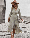 MQTIME  -  Printing Maxi Dress V Neck Bandage Boho Holiday Dress Long-sleeved Belt Lace-up Vestidos Ruffled Beach Dresses