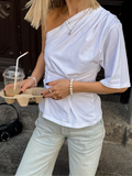 MQTIME  -  Pure White One Shoulder Asymmetric Blouse Women's Chic Ruched Bust Minimalist Sleeve Tops Lady Fashion Dating Night T-shirt