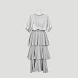 MQTIME  -  Korean Style Summer Women's Dress Lady Stretchy Tiered Dress for Travel Female Ruffled Hem Knitted Midi Dress Sweet Cake Dresses