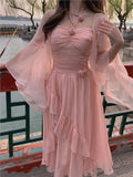 MQTIME  -  Summer French Elegant Women Midi Dresses New Vintage Folds Solid Ruffle Party Robe Fairycore Neck Mounted Fashion Lady Maxi