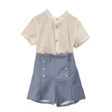 MQTIME  -  Children Boutique Spanish Clothing Summer Boys Girls Blue Short Sleeve Cotton Linen Set Sister Brother Eid Clothes Birthday Suit