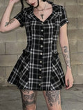 MQTIME  -  Gothic Dark Style Plaid Turn Down Collar Short Sleeve Single Breasted Vintage Ropa Mujer