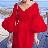 MQTIME  -  Spring Elegant V-Neck Puff Sleeve Office Blouse Women Fashion High Street Office Pullover French Style Solid Lace-up Shirts