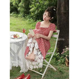 MQTIME  -  Red Gingham Checkered Dress With Lace Hem For Spring Summer Garden Outfits Women's Casual Floral Style Elegant Fit And Flare Mid