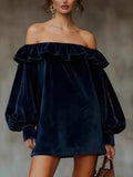  MQTIME  -  Elegant Off Shoulder Velvet Dress Woman Sexy Elegant Temperament Slim Dress Vintage Long Sleeve Spring Autumn Mini Dress 2026