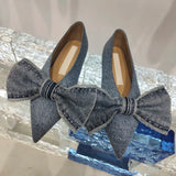 MQTIME  - New Designer Blue jeans bow flat shoes woman cloth patchwork flats sewing Pointed large bow denim loafers for women