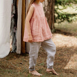  MQTIME  -  Girls Retro Mori Cotton And Linen Tank Top Summer New Back Buttons A-Line Ruffled Hem Kids Blouse Casual Linen Sleeveless Tops