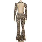 MQTIME  -  Wild Sexy Backless Leopard Print Skinny Flare Jumpsuits Women Fashion O-neck Full Sleeve Peach Hip Slim Casual Overalls Clubwear