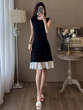 MQTIME  -  Spring New Women's Dress Black White Color Blocking Sleeveless Knit Dress Casual Round Neck Slim Fit A-line Skirt
