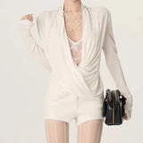 MQTIME  -  New Hot Sale Of The Season Lace Insertion Cross Neck Design Sensual Early Autumn Top Fake Two-Piece Splice Strategy Women's T-sh