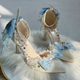 MQTIME  -  Lolita Cosplay High Heel Women Y2K Heels Blue Bow Women's Wedding Shoes Bridal Point Heel Dress Shoes Elegant Princess Shoes