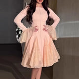 MQTIME  -  French Solid Mesh Pleated Dress Elegant O-neck Long Sleeved A-line Banquet Evening Dress Lady Chic Large Swing Tea Break Dress