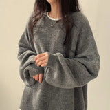 MQTIME  -  Sweaters Long Sleeve Tops Round Neck Solid Color Oversized Loose Fit Simple Casual Versatile Fall Clothes Daily Wear Street Look
