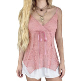  MQTIME  -  Spring and Summer Lace V-neck Lace-up Small Vest Lace-up Small Short Halter Shirt