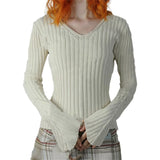 MQTIME  -  American retro beige V-neck slim fit and slimming, spicy girl versatile and personalized knitwear top for women
