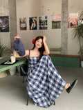 MQTIME  -  Vintage Plaid Dress Women Sexy A Line Midi Dresses Korean Split Slash Neck Slim Sundress Vestidos