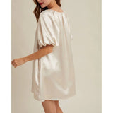 MQTIME  -  Women Satin Silk Mini Dress Bow Tied Front Square Neck Half Bubble Puff Sleeve Loose Fit Silky Short A-line Dresses