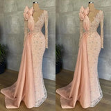  MQTIME  -  Mermaid Prom Dresses V Neck Illusion Long Sleeves Lace Appliques Crystal Beaded Hand Made Flowers Formal Customized