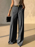 MQTIME  -  Women's Grey Business Casual Suit Pants 2025 New Fashion Elastic High Waist Wide Leg Loose Pleated Belt Trousers Bottoms