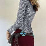MQTIME  -  Spring New Design Color Contrasting Versatile Fine Grid Cotton Collar Long Sleeve Shirt for Women