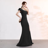 MQTIME  -  Women One Shoulder Evening Dress Solid Color Summer Ruffles Maxi Dresses Sexy Slash Neck Party Long Dress Elegant Streetwear