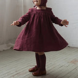 MQTIME  -  Girls' Cotton Linen Long-Sleeve Square-Neck Dress Autumn New Christmas Party Cute Ruched Loose Vintage Baby Girl Dresses