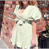 MQTIME  -  New European and American cross-border women's clothing wholesale women's bubble sleeve bow decoration elastic waist dress