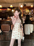 MQTIME  -  French Sweet Coquette Off-the-Shoulder Dress Women Red Floral Print Ruffle Trim Ruched Waist Slim Fit Mini Dress Elegant Outfit