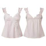 MQTIME  -  Womens Summer Ruffle Straps Camisoles Floral Lace Trim Patchwork Satin Silk Vest Backless Babydoll V-Neck Shirt Tops