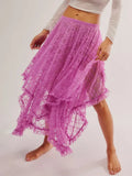 MQTIME  -  Women Lace Ruffle Courtship Half Slip Elastic Waist Asymmetrical Hemline Midi Skirts Semi Sheer Layered Maxi Skirts