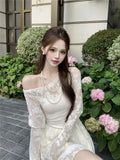 MQTIME  -  French Diagonal Neck Lace Splicing Dress Women Autumn New Temperament Lotus Leaf Edge Waist Long Sleeve Short Vestido