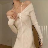 Mqtime Knitted Dress For Women In Autumn And Winter, High-End Design, Gentle And Unique Style, One Shoulder Slim Fitting Wa