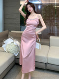 MQTIME  -  Pink Satin Luxury Dance Party Dress for Women 2024 Korean Elegant Diamonds Sling Sexy Dress Summer Fashion Bodycon Evening Dress