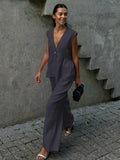 MQTIME  -  Fashion Solid Elastic Waist Wide Leg Loose Pants Suit Women Sleeveless Off Shoulder Ruffles Deep V-neck Top Sets New Street Wear