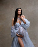 MQTIME  -  Fairy Blue Floral Matenity Dress Photoshoot Off Shoulder Illusion Soft Tulle Slit Maternity Dresses Pregnancy Gown Baby Shower
