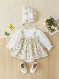 MQTIME  -  2025 Spring New Baby Girls Clothes Long Sleeve Toddler Girls Floral One Piece And Hat 2 Pcs Baby Bodysuits