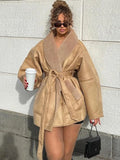 MQTIME  -  Fashion Retro Leather Women's Coat Winter Warm Windproof Plush Lining Coats with Belt Women Solid Turndown Collar Outerwears
