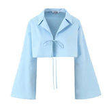 MQTIME  - Fashion Casual Skirt Suit 2024 Summer New Blue Bell Sleeve Shirt Tops with Lace-up Mini Skirt Sexy Two Piece Set Women