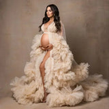 MQTIME  -  Luxury Customized Maternity Dresses for Photoshoot Tulle Robe Wedding Bridal Sleepwear Nightwear Front Split BabyShower Gown