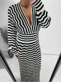 MQTIME  -  Women Fashion V Neck Dress High Waist Long Sleeve Wavy Striped  Sexy Slim Bodycon Dresses Commuting Casual Banquet gowns