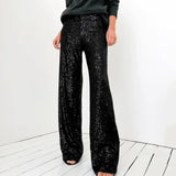  MQTIME  -  Women Sequin Wide Leg Pants Stretchy High Waist Loose Straight Trousers Club Party Elegant Long Pants Streetwear