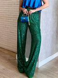  MQTIME  -  Women Sequin Wide Leg Pants Stretchy High Waist Loose Straight Trousers Club Party Elegant Long Pants Streetwear