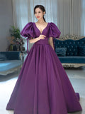 MQTIME  -   Sexy Purple Puff Sleeve Prom Party Dress Women Dark V Neck Satin Long Evening Dress Vestidos De Fiesta