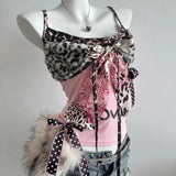  MQTIME  - Jirai-kei Subculture Harajuku Hottie Camisole Leopard Patchwork Bow Halter Vest Y2K Aesthetic Letter Print Tanks Slim