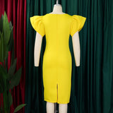 MQTIME  -  Summer New Elegant Bodycon Dresses Women Square Neck Ruffles Sleeve Sheath Package Hips Business Work Dresses