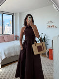 MQTIME  -  Women Shirt Belt  A-line Dressess Casual Laple Single Breasted Pockets Waist Cinching Maxi Dress Summer Lady Evening Party Gowns