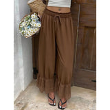 MQTIME  -  Women Mesh See-through Floral Lace Patchwork Ruffle Hem Bloomer Pants Loose Drawstring Elastic Waist Cropped Trousers